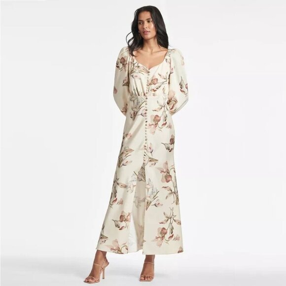 NWT SACHIN + BABI AMY Dress in Eggshell Venetia Petals Floral Satin Maxi Long 6 - Picture 1 of 14